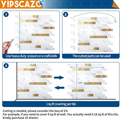 Yipscazo 10 Sheets Peel and Stick Stone Metal Tile Backsplash, Stick on Tiles for Backsplash Kitchen, Bathroom, Laundry Room, Camper, Fireplace (12'' X 12'', White Stone with Gold) - color: White Stone with Gold