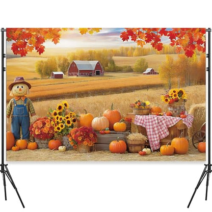 Fall Photography Backdrop 8x6ft, Autumn Maple Leaves Photo Background, Pumpkins Background for Thanksgiving Party, Farm Harvest Photo Booth Props - color: Autumn Backdrop-2, size: 8×6ft