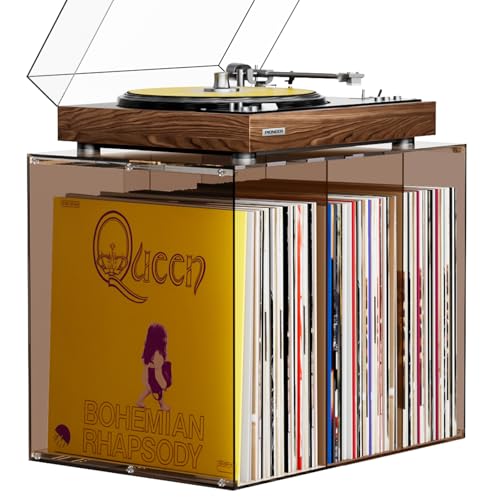 Bikoney Vinyl Record Storage,Stackable Cube Acrylic Vinyl Record Holder,Tabletop Record Player Stand,Vinyl Holder & Album Storage Box Crate Bin, Warm Amber - color: Warm Amber