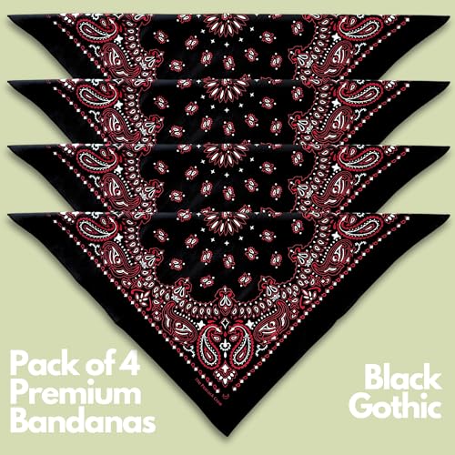 The Peacock Crew Premium Soft Cotton Bandanas Pack for Men and Women Paisley 22 x 22 inches - color: Pack of 4 Black Gothic