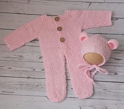 Newborn Photography Props Boys Girls Outfits Mohair Bear Hat Bonnet & Footed Romper Bodysuit Photoshoot Costume Set - color: Pink