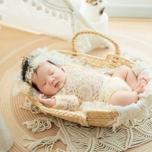 Newborn Photography Outfits Girl Baby Photography Props Lace Romper with Headress Newborn Outfits Girls Photo Props - color: Off-white