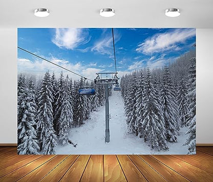 BELECO 20x10ft Fabric Winter Ski Resort Backdrop Snowy Mountain Cableway Station Fir Trees Background Winter Theme Kids Birthday Party Decor Photo Studio Props - size: 20x10FT