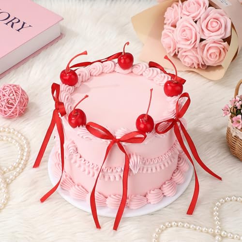 Shappy Cherry Bow Cake Decoration Pink Fake Cake with Realistic Artificial Cherries Toppers and Bows Coquette Room Decor for Birthday Wedding Bridal Shower Party Supplies Dessert Display Photo Props