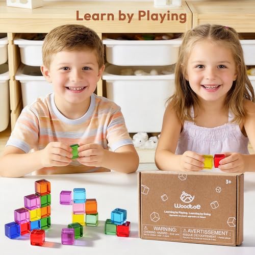 Woodtoe Rainbow Building Blocks for Toddlers, 24 PCS Acrylic Gem Cubes Stacking Blocks, Montessori Stacking Toy for 3 4 5 6 Year Old, Educational STEM Creative Sensory Toy Gifts for Kids Boys Girls - style: 24 PCS Rainbow Stacking Blocks