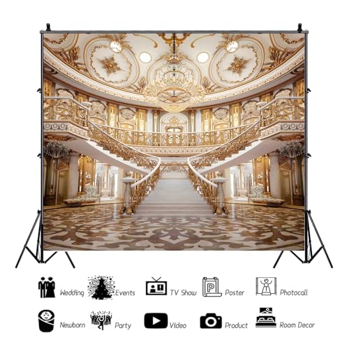 Yeele 10x8ft Luxurious Palace Backdrop for Photography Golden Castle Chandelier Staircase Royal Villa Background for Wedding Bridal Shower Anniversary Decor Portrait Photo Studio Shoot Props Vinyl - size: 10x8ft