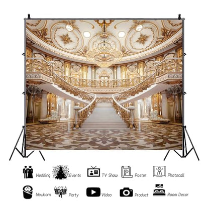 Yeele 12x8ft Luxurious Palace Backdrop for Photography Golden Castle Chandelier Staircase Royal Villa Background for Wedding Bridal Shower Anniversary Decor Portrait Photo Studio Shoot Props Vinyl - size: 12x8ft