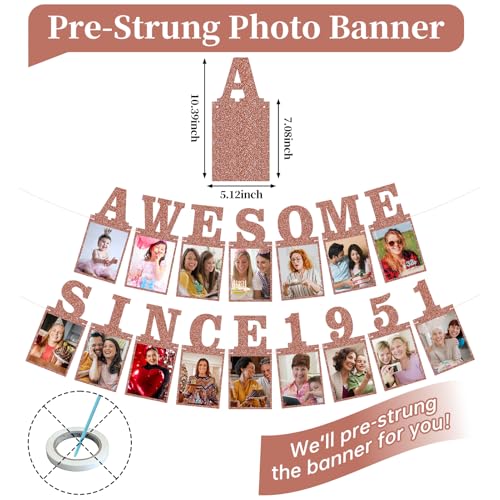 Pre-strung Awesome Since 1951 Photo Banner Birthday Decorations for Women- Pink Rose Gold Glitter 75th Birthday and Anniversary Decorations Party Supplies - style: Pink Rose Gold 75th