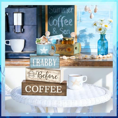 Lineshading 4 Pcs Summer Table Decorations Wooden Beach Coffee Decor Summer Tiered Tray Decor Farmhouse Crabby Before Coffee Crab Block Signs Gifts for Beach Nautical Party Home Office Decorations - style: Beach Coffee