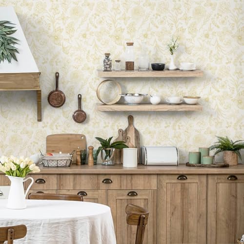 Gold Wallpaper Floral Peel and Stick Wallpaper White and Gold Wall Paper Laundry Room Contact Paper Self-Adhesive Removable Nursery Kids Room Bathroom Bedroom Shelf Liner Vinyl 78.7" x 17.3" - color: Yellow and Beige, size: 17.3" x 78.7"