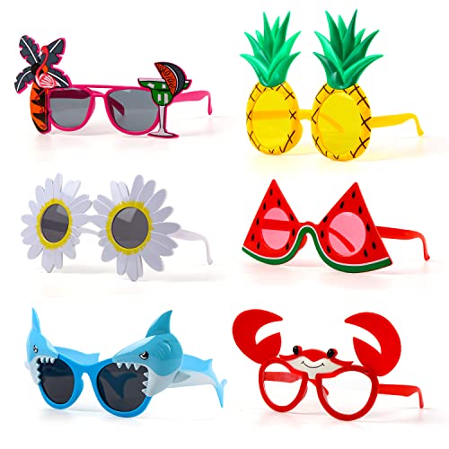 FINGOOO Hawaiian Luau Party Sunglasses, 6 Pairs Summer Pool Tropical Beach Funny Sunglasses Glasses for Adults Kids Luau Party Favors