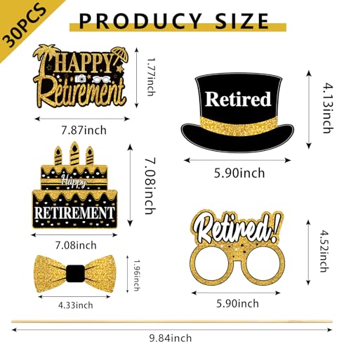 Kuxriox 30Pcs Happy Retirement Party Decorations for Men Women, Black Gold Retirement Photo Booth Props, Cheers to Retirement Party Supplies, We Will Miss You Retirement Party Sign