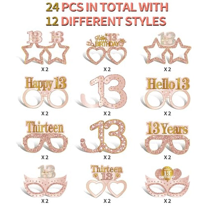 Guiruiy 24PCS 13th Birthday Paper Eyeglasses Decorations for Girls, Pink Rose Gold Happy 13th Birthday Eyeglasses Party Supplies, Funny 13 Year Old Birthday Thirteen Teenager Glasses Decor - style: Rose Gold 13th