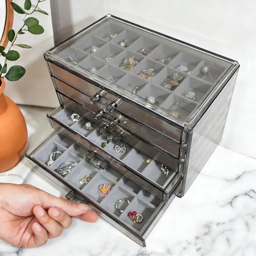 Acrylic Earring Holder Organizer with 5 Drawers Clear Earring Organizer Box with 90 Adjustable Grids Velvet Earring Display Case Jewelry Organizer for Earrings Rings Studs (Brown Gray) - color: Brown Gray