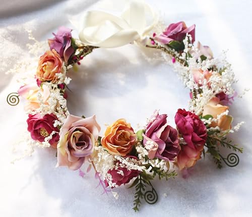 Flower Crown Rose Flower Headband Floral Crown Headpiece Halo Wedding Bridal Party Halloween Photos - color: rosy red