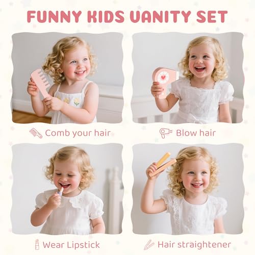 ROBOTIME Kids Vanity Set with Mirror and Stool – Wooden Pink Makeup Table with 11 PCS Accessories – Play Beauty Dresser with Mirrors, Drawer– Kids Vanity Table and Chair Set for Girls Ages 3+
