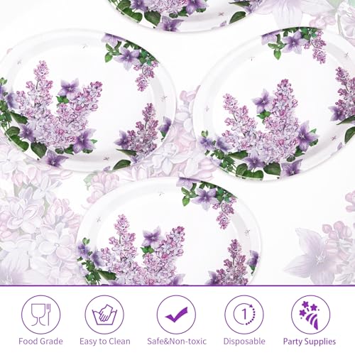 50 Pcs Lilac Oval Paper Plates Large 10" x 12" Purple Floral Plates Disposable Heavy Duty Dinner Serving Platters for Spring Summer Purple Party Supplies Baby Shower Wedding Flower Party Decorations - style: 50Pcs Lilac Oval Plates