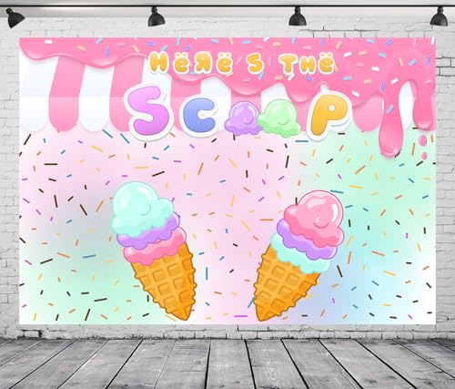 7x5Ft Ice Cream Backdrop Donut Sweet One Sprinkles Birthday Decorations Donut Here's The Scoop Ice Cream Sweet Cake Table Banner Baby Shower Photo Booth Props - color: Ice cream Backdrop 5
