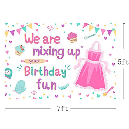 MEHOFOND 7x5ft Baking Cooking Girl Birthday Backdrop We are Mixing Up Some Birthday Fun Pink Cake Kitchen Party Table Banner Decor Photography Props Background Photocall Supplies