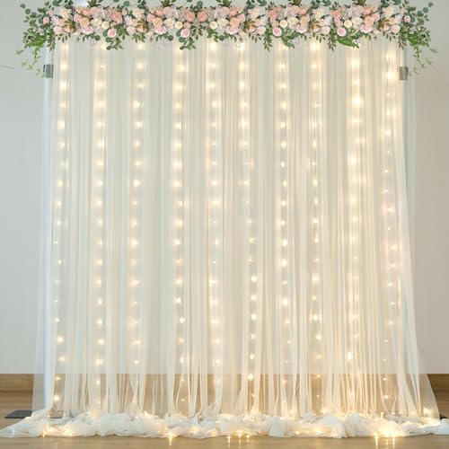 Ivory Tulle Backdrop Curtains with Lights String for Parites Wedding 10×10ft Sheer Backdrop Curtains for Baby Shower Birthday Party Photo Shoot Background Decorations - color: Ivory, size: 10 ft X 10 ft(2 Panels 5ft X 10ft)