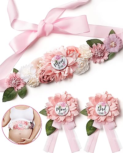 Baby Shower Sash Decorations Mom to Be Corsage Gift Dad to Be Pin 3Pack Set Flower Belt for Maternity Dress - Gender Reveal Pregnancy Photo Props - color: Barbie Pink
