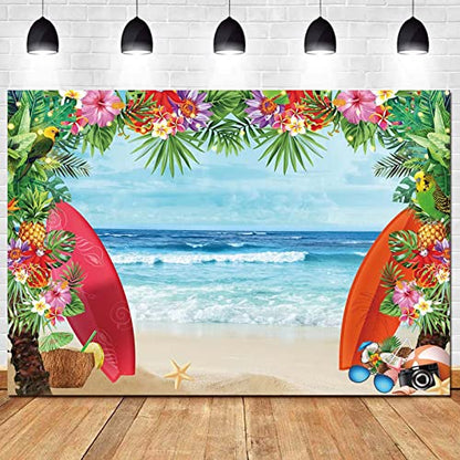 8x6FT Summer Tropical Beach Theme Photo Background Fabric Beach Conch Hawaii Blue Sea Flower Children Birthday Luau Party Photography Backdrop Kids Baby Shower Cake Table Decor Studio Shoot Props - size: 8X6 FT