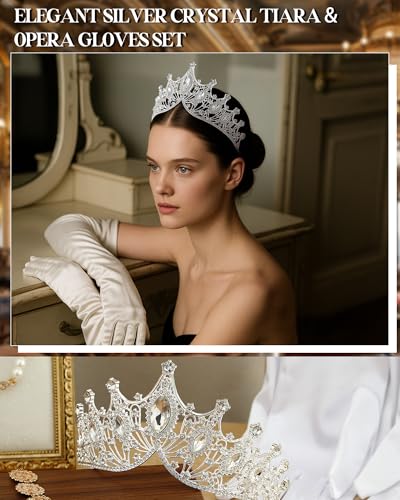 Princess Tiara Crown with Satin Gloves Set Crystal Headpiece for Graduation Prom and Party Photo Props - color: Silver, style: B