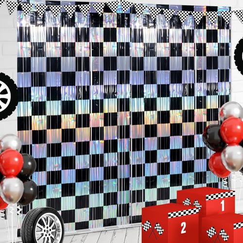 4 Pack 3.3Ft x 6.6Ft Race Car Checkered Foil Fringe Curtain Backdrop Decorations, Black Iridescent Metallic Tinsel Foil Streamers Curtain Photo Booth for Race Car One Happy Dude Birthday Party Decor - color: Iridescent Black and White
