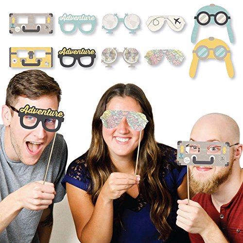 Big Dot of Happiness World Awaits Glasses & Masks - Paper Card Stock Travel Themed Party Photo Booth Props Kit - 10 Count