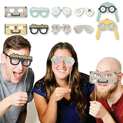 Big Dot of Happiness World Awaits Glasses & Masks - Paper Card Stock Travel Themed Party Photo Booth Props Kit - 10 Count