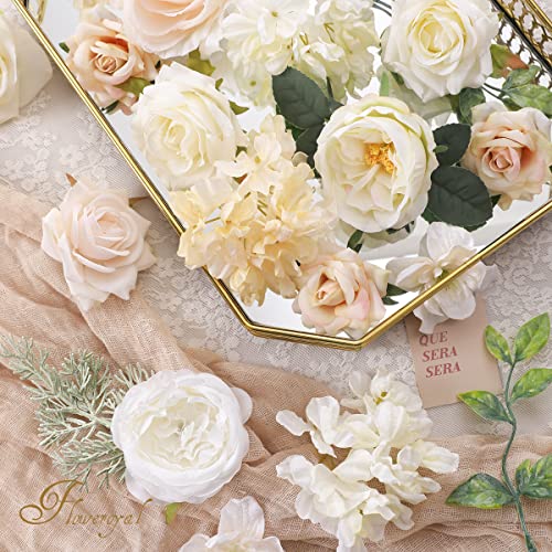 Floweroyal Artificial Flowers Combo White Flowers Mix Silk Flowers Dahlia Roses with Stems for DIY Wedding Bridal Bouquets, Baby Shower, Floral Arrangement, Table Centerpieces, Home Decorations. - color: White