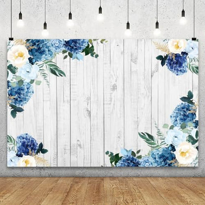 YongFoto Boho Rustic Wood Plank Wall Backdrop 9x6ft Blue Floral Hydrangeas Camellia Flowers Green Leaves Plants Spring Photography Background Birthday Wedding Bridal Baby Shower Party Banner - size: 9x6ft
