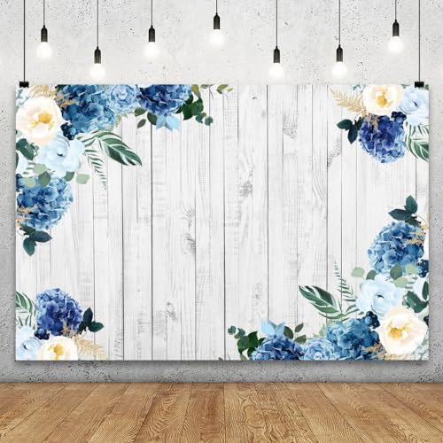 YongFoto Boho Rustic Wood Plank Wall Backdrop 6x4ft Blue Floral Hydrangeas Camellia Flowers Green Leaves Plants Spring Photography Background Birthday Wedding Bridal Baby Shower Party Banner - size: 6x4ft