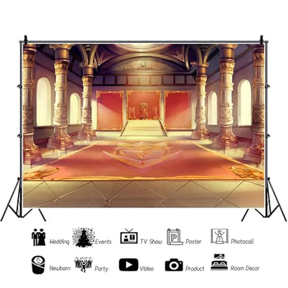 9x6ft Luxury Palaces Photo Backdrop Ancient Royal Throne Golden Hall Carpet Marble Pillar Photography Background Wedding Birthday Kids Costume Party Princess Prince King Queen Portrait - size: 9x6ft