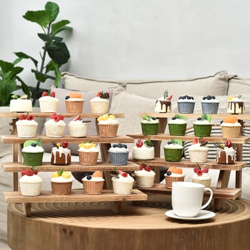 Swallowliving 2pcs Wooden Rustic Cupcake Stand for 24 Cupcakes, Stepped Wood Display Stand for Weddings, Tiered Party Table Display Riser for Food, Dessert, Cookie, Decor, Craft Show, Burnt - color: 2pcs | Burnt | 4-tier