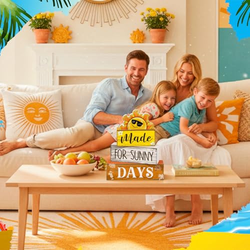 Lineshading 4 Pcs Summer Table Decoration Wooden Sun Beach Tiered Tray Decor Summer Centerpiece Rustic Wood Made for Sunny Day Block Sign Gifts Beach Decorations for Home Kitchen Office Coffee Bar - style: Sun