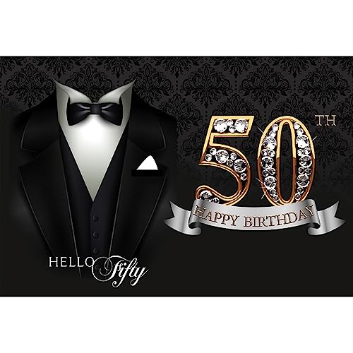 5x3ft Photography Backdrop for Man 50th Birthday Party Decor Gentleman Necktie Suit Tuxedo Clothes Hello Fifty Background Father Man Black Gold Birthday Party Banner Photo Studio Props - color: black gold 50, size: 5x3ft