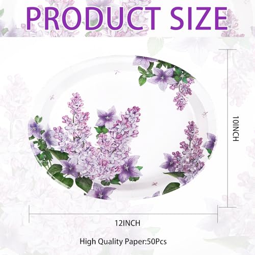 50 Pcs Lilac Oval Paper Plates Large 10" x 12" Purple Floral Plates Disposable Heavy Duty Dinner Serving Platters for Spring Summer Purple Party Supplies Baby Shower Wedding Flower Party Decorations - style: 50Pcs Lilac Oval Plates