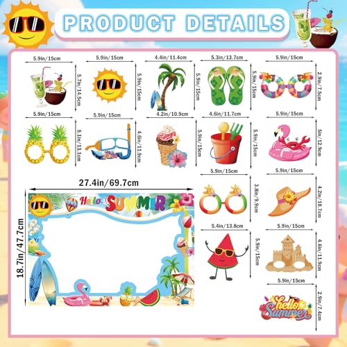 Hello Summer Photo Booth Props - Hello Summer Party Decorations for Tropical Hawaiian Theme Summer Beach Party Photo Booth Props