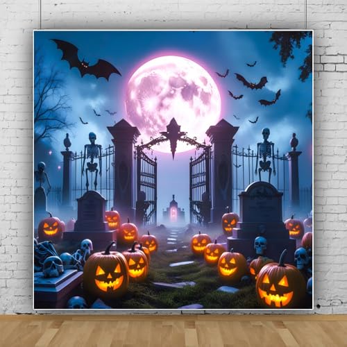 Halloween Backdrop 10x10ft Full Moon Skeletons Bats Halloween Backdrops for Photoshoot Spooky Graveyard Photography Background Scary Night Party Decorations for Adults Kids Home Decor Photo Props - color: Blue, size: 10x10ft