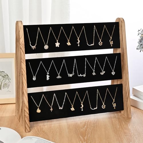 Necklace Holder 3 Tier Wooden Necklace Organizer Stand with Velvet, Necklace Display Stand for Selling,Chain Necklace Holder Rack for Show, 72 Necklaces Bracelets - style: One-Sided Black