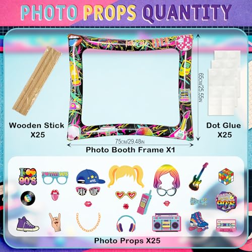 90s Inflatable Photo Frame & Props, 25Pcs Back to The 90s Photo Booth Props with Inflatable Selfie Picture Frame for 1990s Throwback Birthday Party Supplies - color: 90s