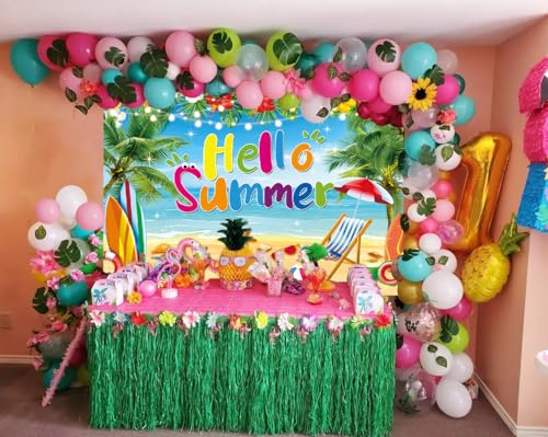 Hello Summer Backdrop Hawaiian Seaside Beach Photography Background Pool Party Background Hawaiian Tropical Themed Party Decorations Banner (7x5FT（210x150cm）) - size: 7x5FT（210x150cm）