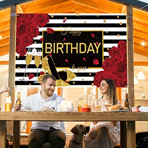 Sumind Happy Birthday Backdrop Red Glitter Roses Party Decor Black White Stripes Banner Gold High Heels Champagne Glass Photography Background for Women Birthday Party Supplies, 72.8 x 43.3 Inch