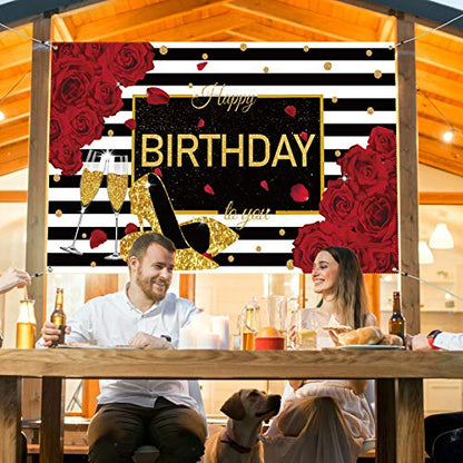 Sumind Happy Birthday Backdrop Red Glitter Roses Party Decor Black White Stripes Banner Gold High Heels Champagne Glass Photography Background for Women Birthday Party Supplies, 72.8 x 43.3 Inch