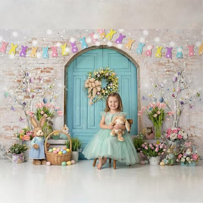Mocsicka Easter Backdrop Blue Wooden Door with Brick Wall Bunny Rabbit Spring Photography Background Easter Day Party Decorations Photo Studio Props - size: 7x5ft (82x60 inch)