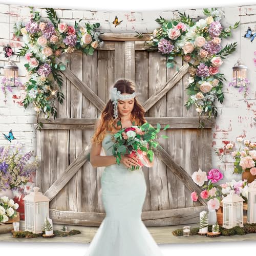 Rustic Wedding Backdrop 7Wx5H Feet Farmhouse Barn Door Flower Wooden Plank Floral Blossom Rose Plant Elegant Polyester Fabric Romantic Photography Backgrounds Photo Shoot Decor Props Decoratio - color: Flower Wall, size: 7Wx5H