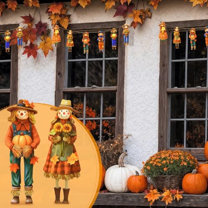 Thanksgiving Scarecrow Garland Fall Wooden Scarecrow Banner Fall Decorations for Home, Wooden Hanging Garland for Autumn Harvest Party Wall Decor Photo Booth Backdrop - style: Scarecrow