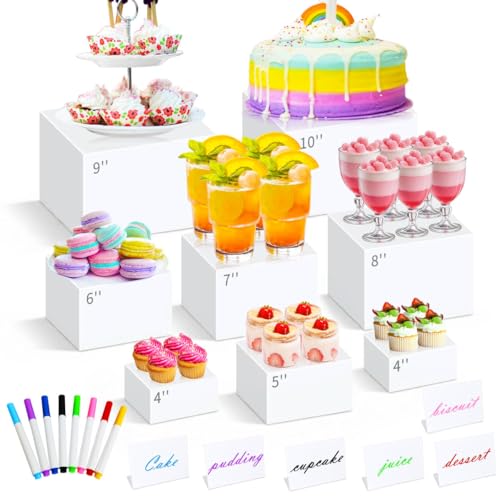 ABenkle 8 Pcs White Acrylic Buffet Risers, Buffet Table Risers and Stands, Food Risers Display Shelf for Party Catering Dessert Cupcake,Cube Display Box with Mini Sign - size: 10",9",8",7",6",5",4",4"