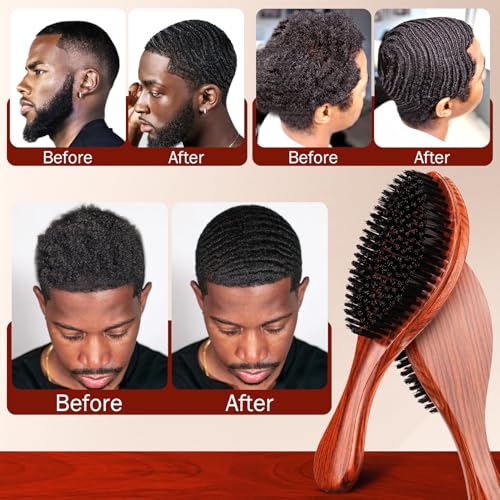 Handle Brushes for 360 Waves - Hard Wave Hair Brushes Wave Styler Great for Wolfing Wave Styler Brush Great for Black Hair - Boar & Nylon Bristle Curve Wave Brush for Barbers & Daily Use (Red)